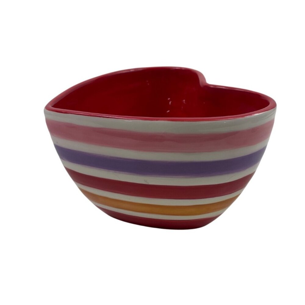 Heart-Shaped Ceramic Bowl With Multicolor Stripes Red Interior 6" Diameter - Picture 3 of 13